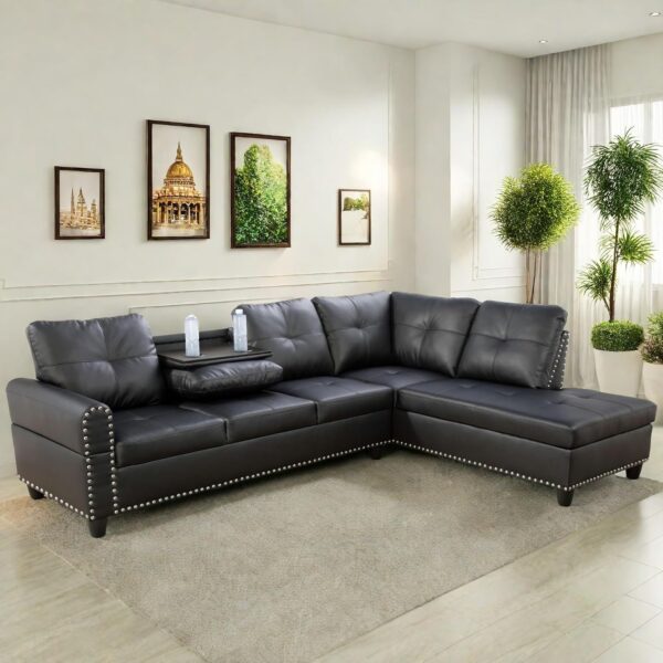 Leather Sectional Couch Sofa, Modern Nail-Head Design L Shaped Sectional Sofa for Living Room, 4 Seat L Couch with Cup Holder for Bedroom, Black ZA