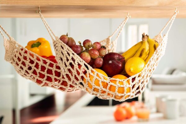 3 Pack Hanging Fruit Hammock - 3 Handwoven Cotton Veggie or Banana Hammocks + 6 PCS Hooks - Kitchen Storage That Saves Counter Space at Home, Boat, or Rv - Hang on Furniture Handles or Under Cabinet