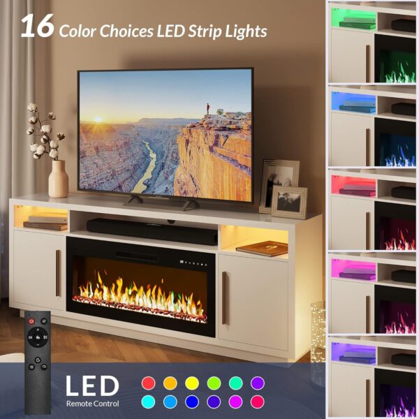 BELLEZE 70" Fireplace TV Stand for TVs Up to 80", LED Light Entertainment Center with 36" Electric Fireplace Heater, Storage Cabinet, Media Console Table for Living Room - Avenue (White)