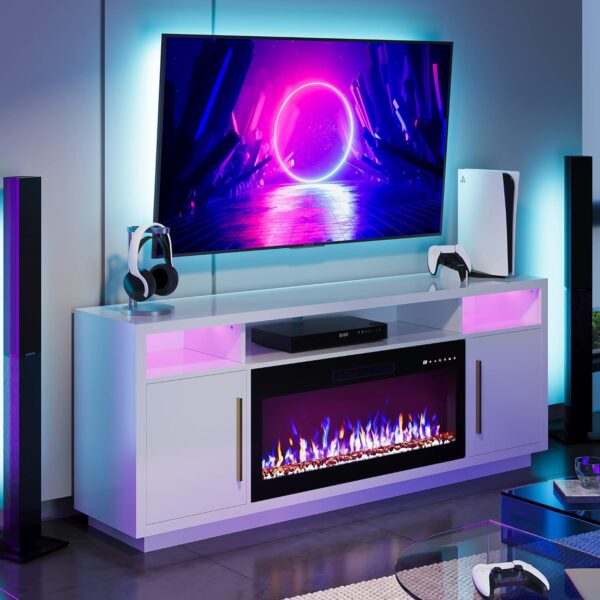 BELLEZE 70" Fireplace TV Stand for TVs Up to 80", LED Light Entertainment Center with 36" Electric Fireplace Heater, Storage Cabinet, Media Console Table for Living Room - Avenue (White)