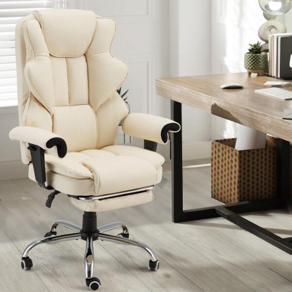 HOMREST 6-Point Massage Executive Chair,Heat Office Chair,Ergonomic Home Office Desk Chair with Retractable Footrest and Reclining Function,Leather Computer Chair with Adjustable Armrest(‌Off White)