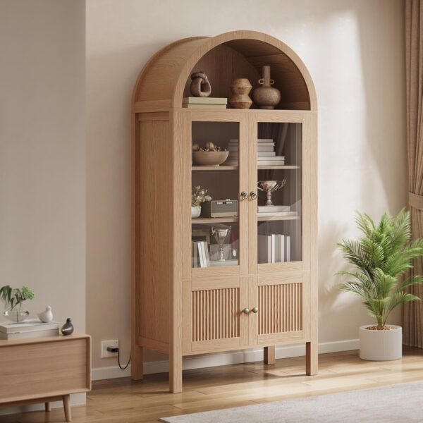 DWVO 71" Tall Arched Cabinet Kitchen Pantry with LED Light/Wood Kitchen Storage Cabinets with Tempered Glass Doors and Adjustable Shelves/Bookcase Cabinet with Storage for Kitchen, Dining- Natrual