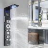 RUMOSE Matte Black Shower Panel Tower System, 5-Function Shower Faucet Set LED Light Rainfall Shower Head Digital Display with Massage Jets Tub Spout Shower Shelves, Stainless Steel, Wall Mount
