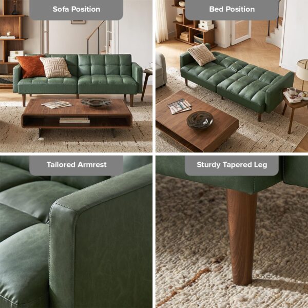 mopio Aaron Couch, Small Futon Sofa Bed, Sleeper, Loveseat, Mid Century Modern Futon Couch, Sofa Cama, Couches for Living Room, Bedroom (Sage Green, Faux Leather)
