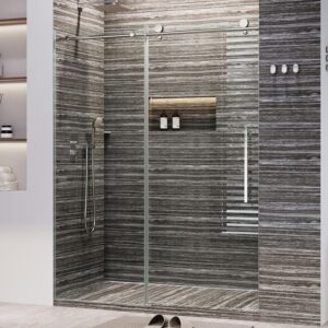 Shower Glass Door with Waterroof Seal Strip, Adjustable (56-60" W x 75 "H) Frameless Sliding Shower Door with Easy-Clean Coating SGCC Tempered Glass 5/16" (8mm), Stainless Steel Hardware, Silver