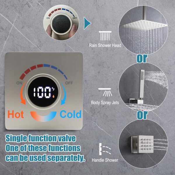 Shower Valve with Digital Temperature Display, Solid Brass Shower Diverter Valve Kit - Concealed In-wall Mounting Shower Body Jets Individual Control Diverter, Brushed Nickel