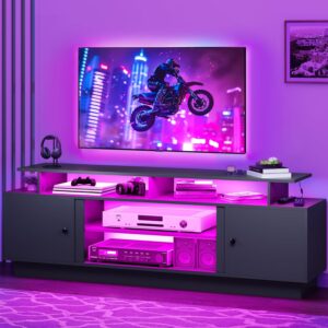 DWVO Modern TV Stand for TVs Up to 75'', Entertainment Center with Light Strip, TV Shelf with Storage Cabinets & Movable Partition, TV Console for Living Room, 70 Inch Matte Black