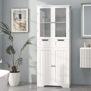 67" Tall Bathroom Storage Cabinet, Freestanding Linen Cabinet with Glass Doors and Shelves, Large Bathroom Pantry Cabinet with 2 Drawers for Living Room, Kitchen, Dining Room, Office, White