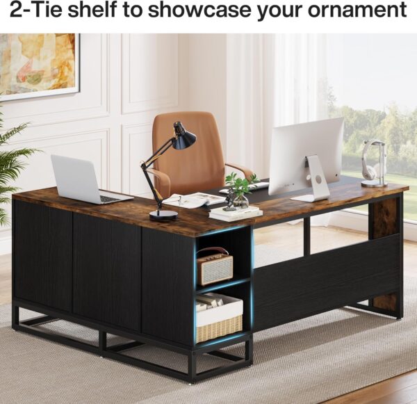 Tribesigns 63" L-Shaped Executive Desk, Large Office Desk with Drawers and Shelves, Rustic Long Business Furniture Desk with File Cabinet Storage Space, Home Office Workstation, Brown & Black