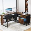Tribesigns 63" L-Shaped Executive Desk, Large Office Desk with Drawers and Shelves, Rustic Long Business Furniture Desk with File Cabinet Storage Space, Home Office Workstation, Brown & Black