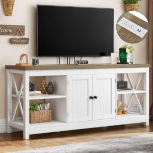 YITAHOME TV Stand for Living Room, Farmhouse Entertainment Center with Power Outlet for TVs up to 65 60 55 Inch, Rustic Media Console TV Cabinet with Open Shelves and Adjustable Shelf, White