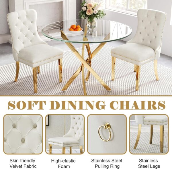 36" Round Glass Dining Table Set for 4, 5-Piece Modern Kitchen Table with 4 White Velvet Chairs, Modern Circle Leisure Table for Home Office Dining Room Small Spaces (Gold Leg)