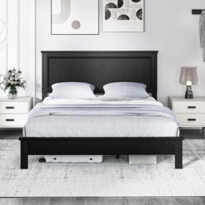 Giantex Wood Queen Platform Bed Frame with Headboard, Mid Century Bed Frame with Solid Wood Legs & Wooden Slat Support, Easy Assembly Supports 500 LBS, Black Bed