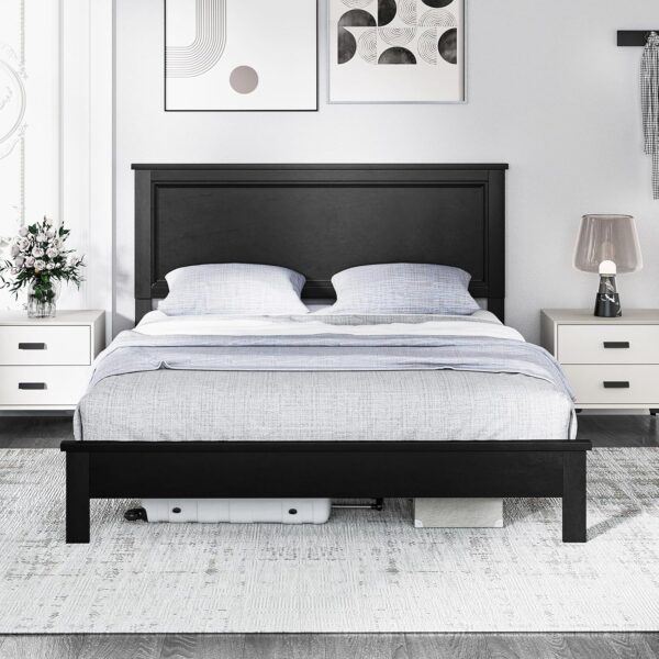 Giantex Wood Queen Platform Bed Frame with Headboard, Mid Century Bed Frame with Solid Wood Legs & Wooden Slat Support, Easy Assembly Supports 500 LBS, Black Bed