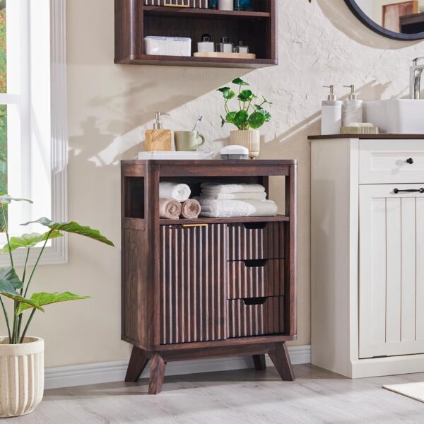 T4TREAM Fluted Bathroom Floor Cabinet with Sliding Door, Modern 3 Drawers Storage Organizer w/Adjustable Shelf and Faux Marble Top, Small Curved Profile Wood Cabinet for Bathroom, Kitchen, Dark Walnut