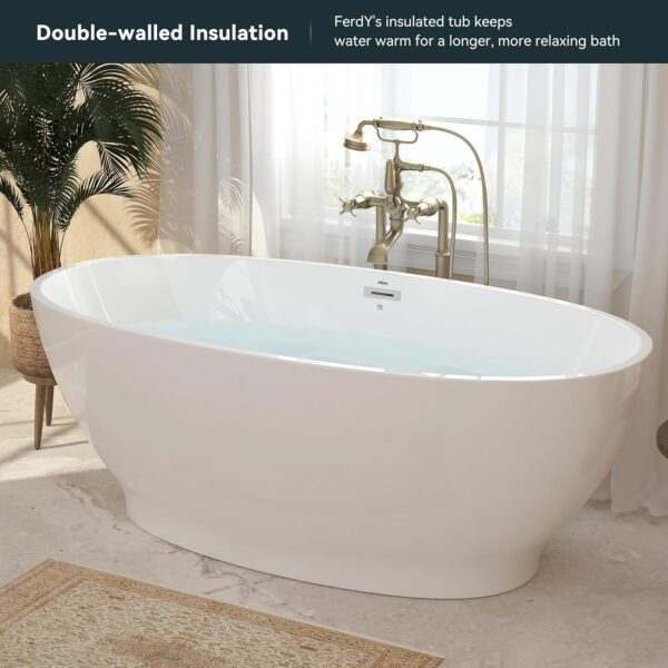 FerdY Koh Samui 65" Acrylic Freestanding Bathtub, Oval Contemporary Soaking Bathtub, Glossy White, cUPC Certified, Toe-Tap Chrome Drain & Overflow Assembly Included