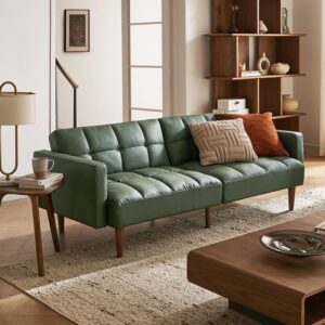 mopio Aaron Couch, Small Futon Sofa Bed, Sleeper, Loveseat, Mid Century Modern Futon Couch, Sofa Cama, Couches for Living Room, Bedroom (Sage Green, Faux Leather)