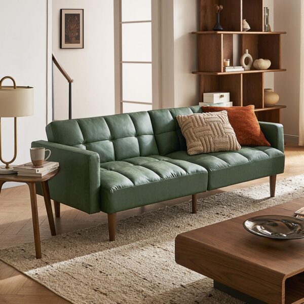 mopio Aaron Couch, Small Futon Sofa Bed, Sleeper, Loveseat, Mid Century Modern Futon Couch, Sofa Cama, Couches for Living Room, Bedroom (Sage Green, Faux Leather)