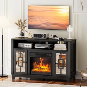 VINGLI Fireplace TV Stand for TVs up to 60'', Mirrored Media Entertainment Center Console Table with 18'' Electric Fireplace, Entertainment Center with Glass Door ＆ Storage Cabinet, Black