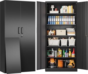 SISESOL Metal Storage Cabinet with 2 Doors and 6 Shelves,Black Metal Cabinet with Lock,71" Lockable Garage Storage Cabinet,Locking Storage Cabinet,Steel Cabinet for Home,Office,Garage,Shop,School