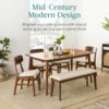 Best Choice Products 6-Piece Wooden Dining Set, Mid-Century Modern Table & Upholstered Chair Set w/Bench Seat, Rubberwood Legs - Walnut/Cream