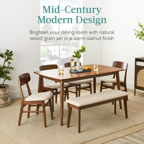 Best Choice Products 6-Piece Wooden Dining Set, Mid-Century Modern Table & Upholstered Chair Set w/Bench Seat, Rubberwood Legs - Walnut/Cream