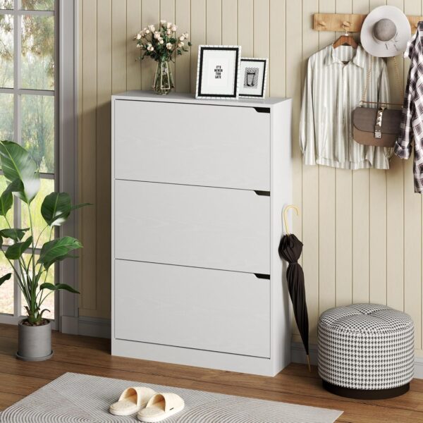 Shoe Cabinet with 3 Flip Drawers, Hidden Wood Shoe Cabinet,Freestanding Shoe Storage Cabinet for Entryway Hallway.White. 47.2" H*31.5" W*9.25" D.