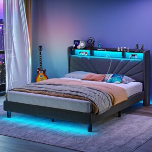 Rolanstar Full Size Bed Frame, Storage Headboard with Charging Station and LED Lights, Upholstered Bed with Heavy Duty Wood Slats, No Box Spring Needed, Noise Free, Easy Assembly, Dark Grey