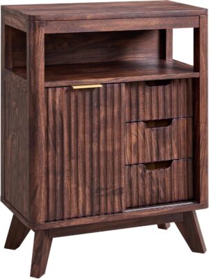 T4TREAM Fluted Bathroom Floor Cabinet with Sliding Door, Modern 3 Drawers Storage Organizer w/Adjustable Shelf and Faux Marble Top, Small Curved Profile Wood Cabinet for Bathroom, Kitchen, Dark Walnut