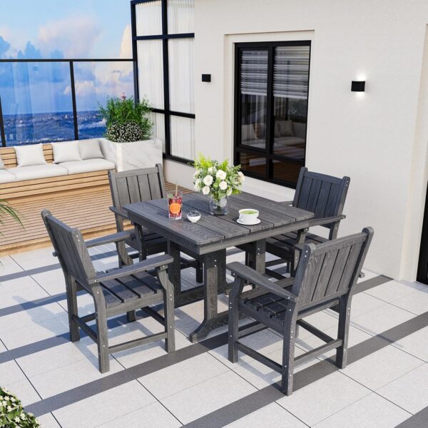 Pamapic 5 PCS Outdoor Dining Set, 450 LBS HDPE Outdoor Table and Chairs, Spacious Patio Dining Sets with Elegant Armrest, All-Weather Wood Grain Outdoor Dining Table with Umbrella Hole, Gray