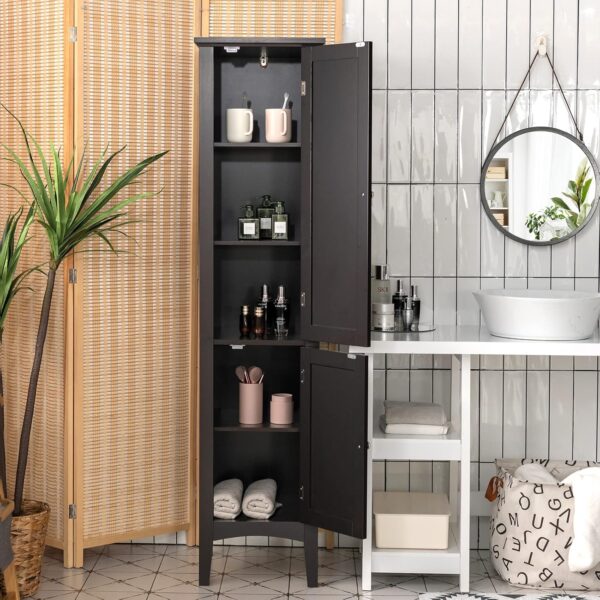 Tangkula Tall Bathroom Storage Cabinet, 5-Tier Wooden Freestanding Tower Cabinet, Narrow Storage Floor Cabinet w/ 2 Doors & Shelves for Bathroom Living Room Kitchen (Black)