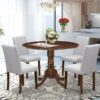 East West Furniture DLAB5-AWA-05 5 Piece Dining Set Contains a Round Dining Room Table with Dropleaf and 4 Upholstered Chairs, 42x42 Inch, Antique Walnut