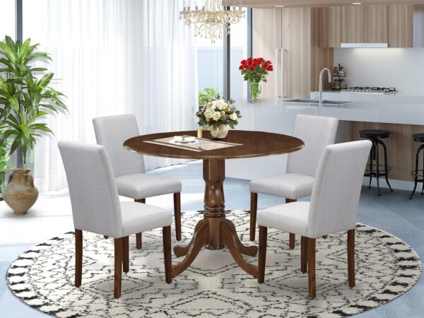 East West Furniture DLAB5-AWA-05 5 Piece Dining Set Contains a Round Dining Room Table with Dropleaf and 4 Upholstered Chairs, 42x42 Inch, Antique Walnut