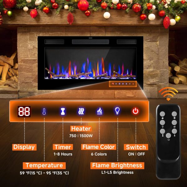 36" Electric Fireplace Inserts - Recessed Fire Place and Wall Mounted Fireplace Heater with Remote Control, Touch Screen Indoor Faux Floating Fireplace, Timer, Adjustable Flame Color, 750 | 1500W