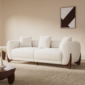 Morden Fort Modern Cloud Couch - 3 Seater Boucle Sofa with Crescent Wood Legs, Ultra-Thick High Resilience Cushion with 3 Matching Pillows Upholyster Comfy Couch Sofa for Living Room - Off White