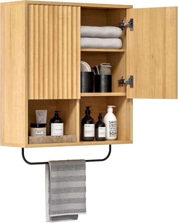 Fluted Bathroom Wall Cabinet, Wooden Medicine Cabinet Storage with Hanging Rod 2 Doors, Adjustable Shelf, Modern Wall Mount Large Floating Cabinet for Kitchen Laundry Room Natural Oak