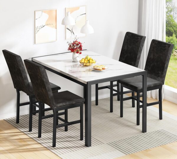 AWQM Products 5-Piece Marble Dining Set, Modern Kitchen Table and Chairs for Dining Room, Dinette, Compact Space Saving Furniture, 4 Upholstered Velvet Chairs - White