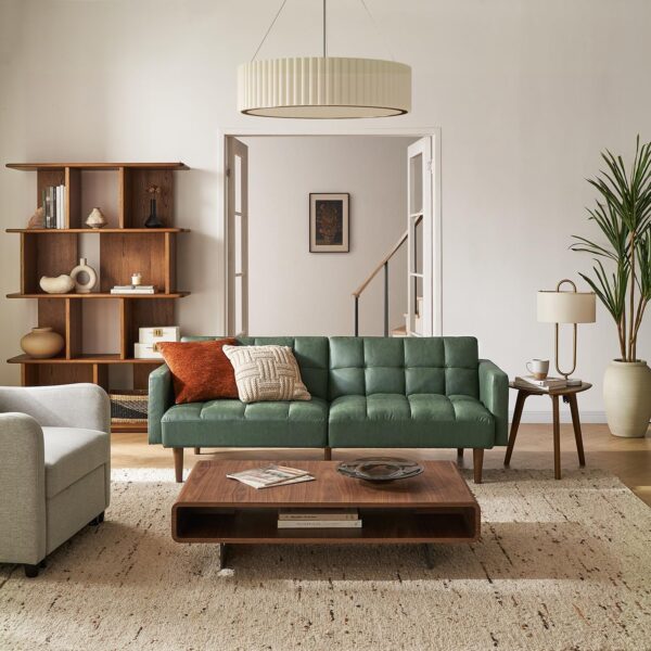 mopio Aaron Couch, Small Futon Sofa Bed, Sleeper, Loveseat, Mid Century Modern Futon Couch, Sofa Cama, Couches for Living Room, Bedroom (Sage Green, Faux Leather)