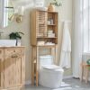 OKD 68" Over The Toilet Storage Cabinet, Mid-Century Bathroom Organizer w/Slatted Sliding Door, Adjustable Shelf, Curved Edges, Space-Saving Design for Bathroom, Kitchen, or Living Room - Natural Oak
