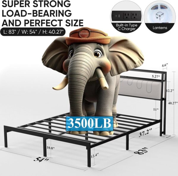 Full Bed Frame with LED Lights, Metal Platform Frame Upholstered Headboard, Charging Station, Storage Shelves, Heavy Duty Metal Slats, No Box Spring Needed, Noise Free, Easy Assembly, Black