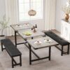 IDEALHOUSE 3 Piece Dining Table Set for 4-6, 63" Extendable Kitchen Table and Bench Set for 6, Metal Frame Rectangle Kitchen Table Set with 2 Upholstered Benches for Dining Room, Apartment, Retro Gray