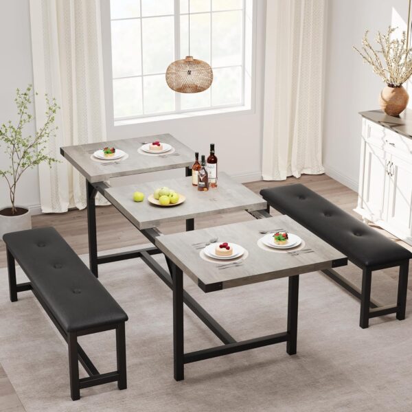 IDEALHOUSE 3 Piece Dining Table Set for 4-6, 63" Extendable Kitchen Table and Bench Set for 6, Metal Frame Rectangle Kitchen Table Set with 2 Upholstered Benches for Dining Room, Apartment, Retro Gray