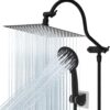 Hibbent All Metal High Pressure Rainfall 10 Inch Shower Head/Handheld Showerhead Combo/ 12 Inch Adjustable Curved Shower Extension Arm, 7-Spray, 71-inch Hose, Adhesive Showerhead Holder, Matte Black