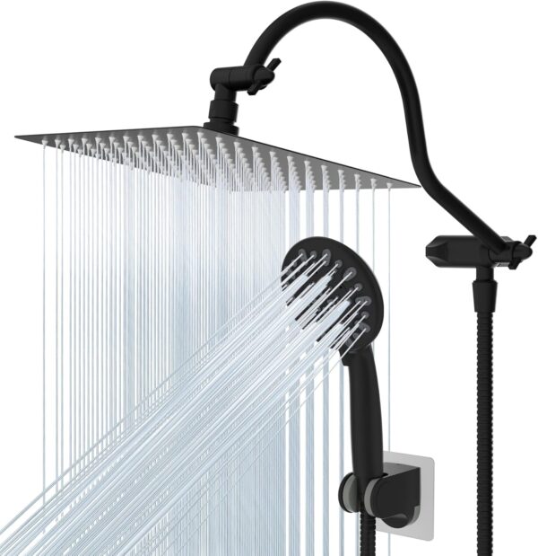 Hibbent All Metal High Pressure Rainfall 10 Inch Shower Head/Handheld Showerhead Combo/ 12 Inch Adjustable Curved Shower Extension Arm, 7-Spray, 71-inch Hose, Adhesive Showerhead Holder, Matte Black