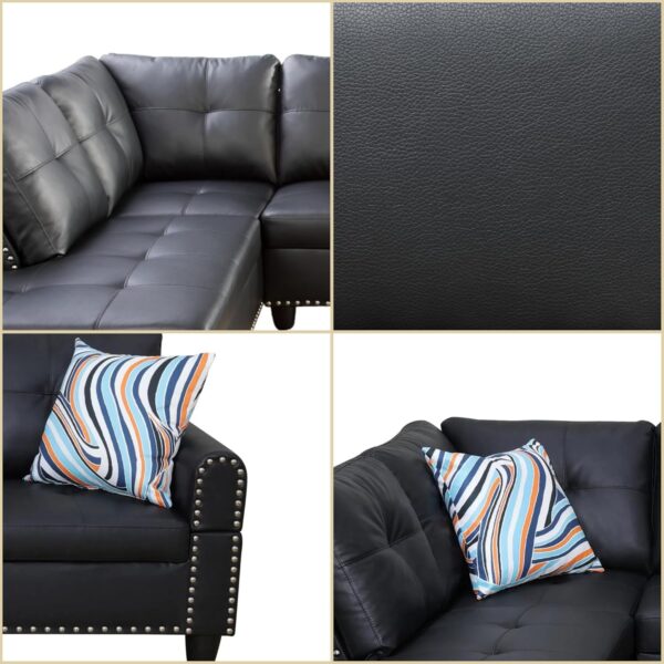 Leather Sectional Couch Sofa, Modern Nail-Head Design L Shaped Sectional Sofa for Living Room, 4 Seat L Couch with Cup Holder for Bedroom, Black ZA
