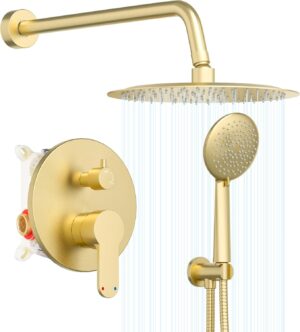 Gabrylly Gold Shower System, Shower Faucet Set with Pressure Balance Shower Valve, 10 Inch Gold Shower Heads with 5-Setting handheld Spray Combo, High Pressure Shower Fixtures, Brushed Gold