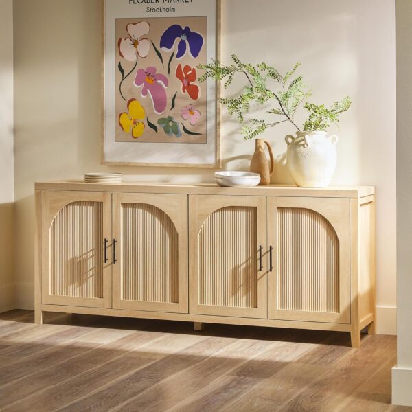 Walker Edison Modern 70" Reeded Sideboard, Credenza with Doors for Kitchen, Dining Room, Media and Game Storage, Buffet Cabinet with Cord Management, 16" D X 30" H, Coastal Oak