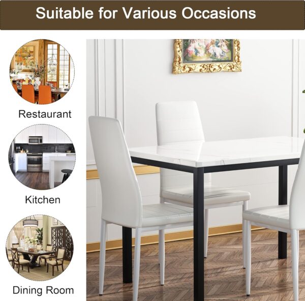 AWQM 5 Pieces Dining Table Set, Kitchen Table Set with Faux Marble Top Table and 4 Faux Leather Upholstered Chairs for Kitchen, Breakfast Nook, Dining Room, White+Beige