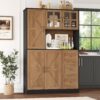 FINETONES Farmhouse Pantry Cabinet, Kitchen Pantry Storage Cabinet with Microwave Stand, Ktichen Hutch Food Pantry Cabinet with Open Countertop and Adjustable Shelf for Kitchen Dining Room