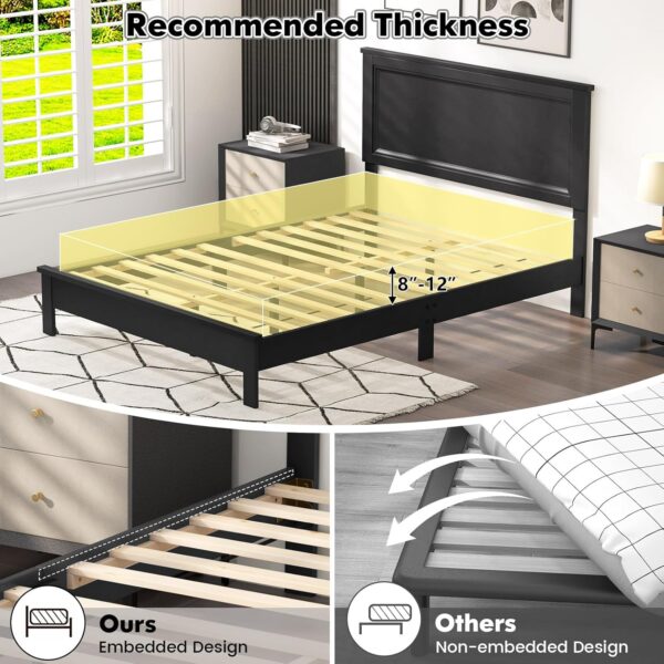 Giantex Wood Queen Platform Bed Frame with Headboard, Mid Century Bed Frame with Solid Wood Legs & Wooden Slat Support, Easy Assembly Supports 500 LBS, Black Bed